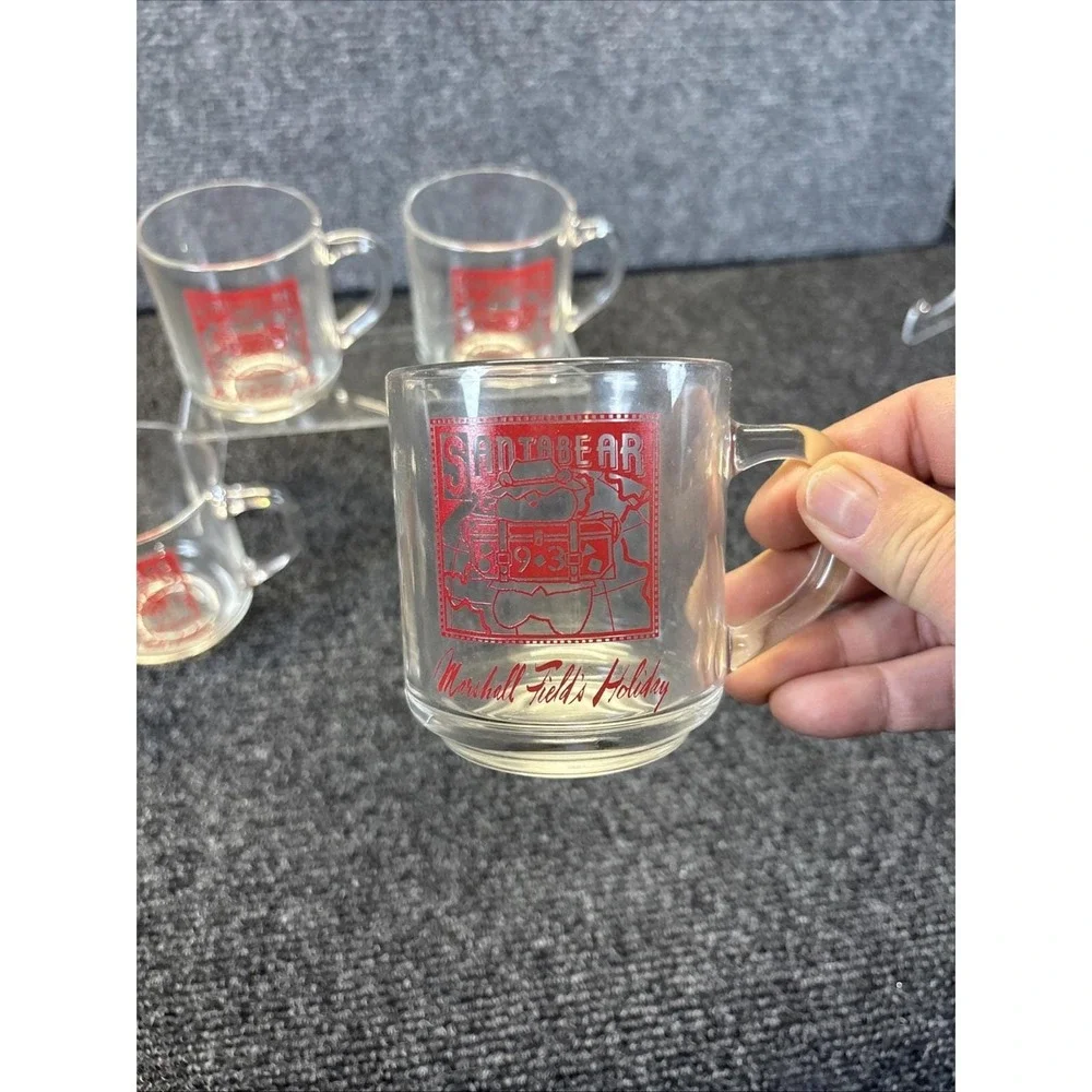 4~Vtg~1993 Marshall Field~Luminarc Glass Christmas Mug Cup~Santa Bear